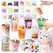 Mini Slime Coffee Drink Cup Toys Set, 10 Colorful Bubble Tea Cups with Beaded Chains, DIY Slime Making Kit