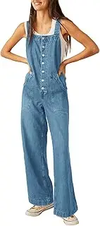 [PLNOTME] Women's Casual Denim Overalls Loose Button Up Adjustable Strap Baggy Wide Leg Jeans Overall Jumpsuits with Pocket