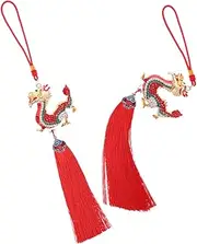 HEALEEP 2pcs Year of The Dragon Pendant China Pendant Necklace Coaster Lunar New Year Dragon Decoration Chain Garland Gold Necklace Car Mirror Accessories Shiny Tassel Fan Red Cotton Rope
