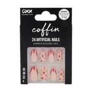 OXX Cosmetics 24 Pack Artificial Nails with Adhesive - Coffin Shape, Red Tip Hearts