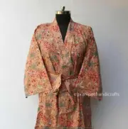 Floral Full Length 3/4 Sleeves Orange 100% Cotton women Ethnic Kimono Dress Robe