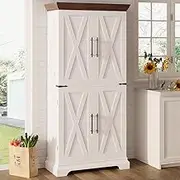 IRONCK Kitchen Pantry Cabinet 72" H, with 9 Shelves, 4 Barn Doors, Drawer, 6 Door Storage Shelves, Farmhouse Freestanding Rustic Wood Cupboard for Kitchen Dining Room White
