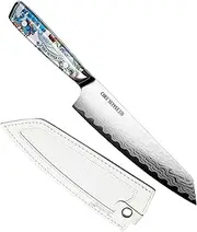 Damascus Kiritsuke Chef Knife with White Leather Sheath 8 inch - 21cm. AUS-10 Core Steel