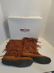 Minnetonka Womens 3 Layer Fringe Dusty Brown Moccasin Boots Size 7 New In Box
