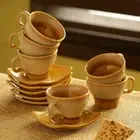 Pottery Ceramic Cups Set For Tea Of 6 With Saucer Chai Cup 140 ML yellow white
