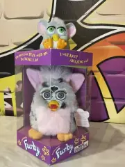 1998 First Gen Grey Pink Spotted Furby #70-800 NIB & Mini 1998 McDonalds Furby