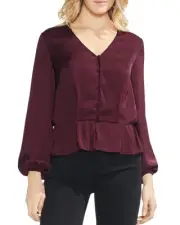 $160 Vince Camuto Women'S Purple Button Front Peplum V-Neck Blouse Top Size Xs