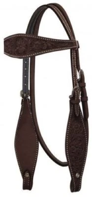 Western Dark Brown Leather Hand Carved Shaped Brow band Style Headstall