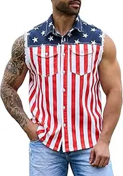 OeyFnbmO Men's Denim American Flag Retro 80s Vest Stretch Sleeveless Jean Shirt With a Collar Slim Fit Lightweight, Red, Medium