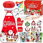 Labeol Christmas Kitchen Kids Cooking Sets Real, 27 PCS Kids Baking Sets with Kids Apron, Chef Hats and Oven Mitts for Christmas Dinner Party Baking, Fun Christmas Cooking Sets Gifts for Boys Girls