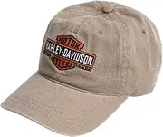 [HARLEY-DAVIDSON] Men's Elongated B&S Curved Bill Adjustable Washed Baseball Cap Brown, Brown, One Size