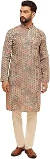 [Sojanya] (Since 1958 Men's Cotton Silk Gold Thread Floral Embroidered Kurta With White Pyjama