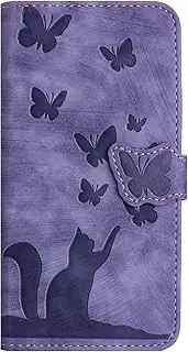 Google Pixel 8a Case, Cat and Butterfly PU Leather Flip Wallet Protective Case with Card Slots Kickstand Magnetic Closure Shockproof Phone Case Cover for Google Pixel 8a, Purple