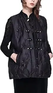 [Generic] Women Winter Down Vest Loose Sleeveless Disc Buckle Warm Lightweight White Duck Down Jackets
