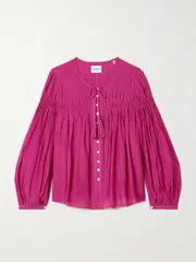 [Marant Étoile] Marant Étoile - Abadi Pintucked Smocked Cotton-blend Voile Blouse - Fuchsia - FR 42 FR 42 Pink