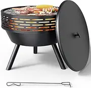 Teisaiko 23 inch Outdoor Fire Pit with Lid & Grill, Heavy Duty Wood Burning Fire Pits for Outside, with Functions for BBQ, Cast Iron Fire fire Bowl Table for Patio Backyard, with Handle & Poker