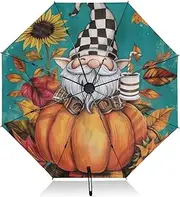 [PDZRMY] UV Protection Travel Umbrella Gnome Welcome Thanksgiving Compact for Rain and Sun - Auto Open and Close UPF 50+ Windproof Portable 46” Sun Umbrella for Women and Men