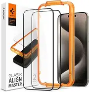 [Spigen] AlignMaster Full Cover for iPhone 15 Pro Max Screen Protector, Easy Application Auto Alignment Technology Installation Tray Oleophobic Coating 9H Tempered Slim Glass [2-Pack] - Black