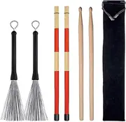 Geliking Drum Sticks Set for Jazz Acoustic Music Lover Gift, 5A Maple Wood Drum Sticks 1 Pair, Retractable Drum Wire Brushes 1 Pair, Rods Drum Brushes 1 Pair