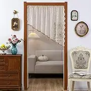 Short Semi Sheer Lace Door Valance for Bedroom - Floral Lace Room Divider Curtain,Rhinestone Hem Window Treatment for Privacy, French Style Valance for Living Room Bathroom(Beige,One Size)