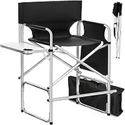 BRLJUNEO Makeup Artist Chair, 41'' Foldable Tall Directors Chairs w/Side Table Cup Holder Storage Bag and Footrest, Portable Makeup Chair, 400LBS Load Capacity, Black