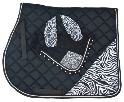 ZEBRA PRINT SADDLE PAD SET ENGLISH SADDLE PAD WITH MATCHING FLY BONNET