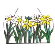 White Yellow Daffodil Tiffany Style Stained Glass Window Panel Suncatcher 15x24