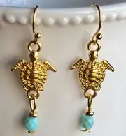 Etched Gold Turtle and Blue Bead Dangle Earrings.