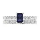 1.41ct Emerald Round Cut Blue Sapphire Ring bridal Set 14k White solid Gold