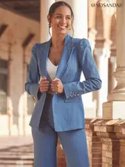Sosandar Blue Ruched Sleeve Denim Blazer (B68745) | $196