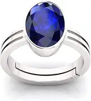 [Ayush Gems] 7.00 Carat Earth Mined AAA+ Quality Natural Blue Sapphire Neelam Panchdhatu Silver Plated Adjustable Gemstone Ring for Women's and Men's {Lab - Certified}, Silver Plated, Blue Sapphire,