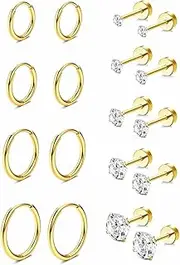 [THJOPOKEEL] 9 pair earrings set for multi piercing allergy prevention 14K gold plated small Huggie hoop earrings Women's ball square crystal Zircon gold flat back stud earrings Drop