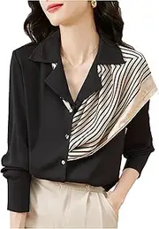[Hcclijo] Satin Shirt Womens Blouse Vintage Work Casual Tops Chiffon Blouse