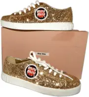 Miu Miu Sneakers Gold Glitter Wedge Flat Athletic Shoes 38.5 Lace Up Trainers