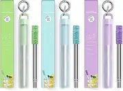 3 Pcs Metal Straws, Reusable Collapsible 304 Stainless Steel Straw Portable Telescopic Straws Drinking with Silicone Tips, Travel Case, Keychain and Cleaner Brush