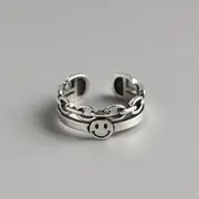 S925 Sterling Silver Smiley Face Layered Open Ring Silver - Adjustable