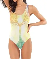 [Joisal] Statue Hand Clouds One Piece Swimsuit Women Sexy with Bra, Tree Sun Glow Yellow, Medium