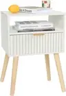 Night Stand, White Bedside Table with Drawers and Open Shelf, Fluted Nightstand