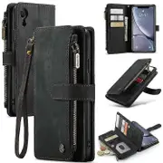 CASEME C30 Series Compatible For iPhone XR 6.1 inch, Shock-absorption Zipper Pocket Phone Wallet Case Stand with Handy Strap Phone Black
