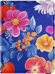 [Amooorous] Fresh Salmonberry Fruit Royal Blue Leather decorative Passport Holder Cover Wallet Travel Documents Organizer Protector Badge ID Vaccine Card Holder Wallet Lightweight, fresh Salmonberry fruit Royal