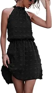 [SHINsuke] Women's Floral Summer Halterneck Midi Dress Solid Spring Sleeveless Pom Poms High Waist Short A-line Mini Tie Beach Summer Dress