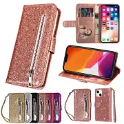 Glitter Wallet Case Zip Leather Flip Cover for iPhone 16/15/14/13/12/11 Pro Max