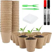 OldPAPA 100 Pcs 8cm Fibre Seed Pots, Biodegradable Plant Pots, Compostable Plant Pots for Seedling Growth, Paired with 100Pcs Plastic Plant Labels, 2 Marking Pens, 1 set of 2 Seedling Starters