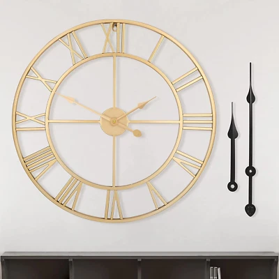 Large Modern Wall Clocks,18" Gold Metal,Rustic,Round,Silent Non Ticking,Battery