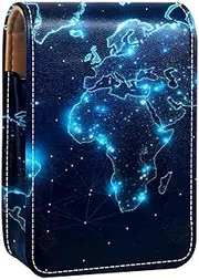 Lipstick Case,Leather Lip Gloss Lipstick Organizer with Mirror,Mini Lipstick Holder Bag,Abstract Stars World Map Sky