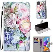 SATURCASE Case for Samsung Galaxy A21S, Beautiful PU Leather Flip Magnet Wallet Stand Card Slots Hand Strap Protective Cover for Samsung Galaxy A21S (DH-7)