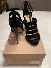 Miu Miu designer suede black gladiator sandals, BNWT, Size 9M, Crystal Embel