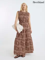 River Island Brown Draw String Tiered Cotton Maxi Dress (H67821) | $136