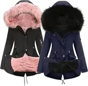 [JEShifangjiusu] Women Wool Lined Military Jacket With Fur Hood 2 Winter Clothing Mid - Long Thick Sherpa Thermal Coat Anoraks, Color 1, L
