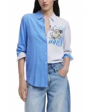 Desigual Twotone Striped Shirt Long Sleeve Collared Blouse Women Light Blue